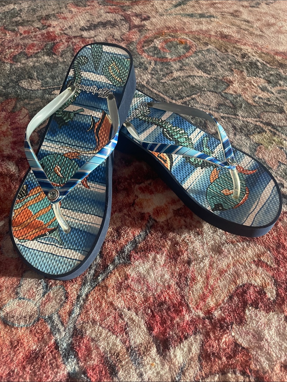 Brighton Blue Sea Life Pattern Flip Flops